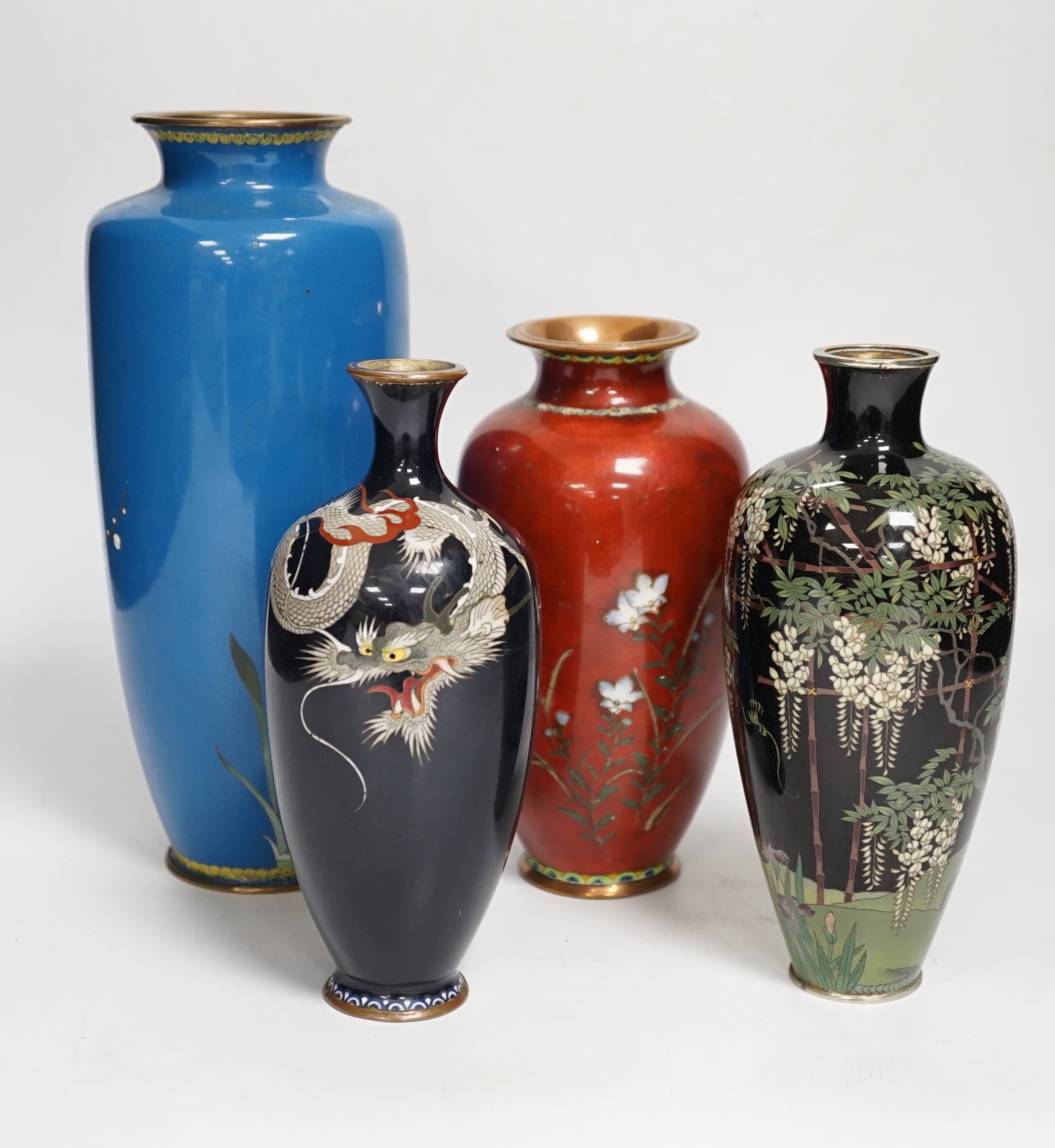 Four Japanese cloisonne enamel vases, tallest 24.5cm